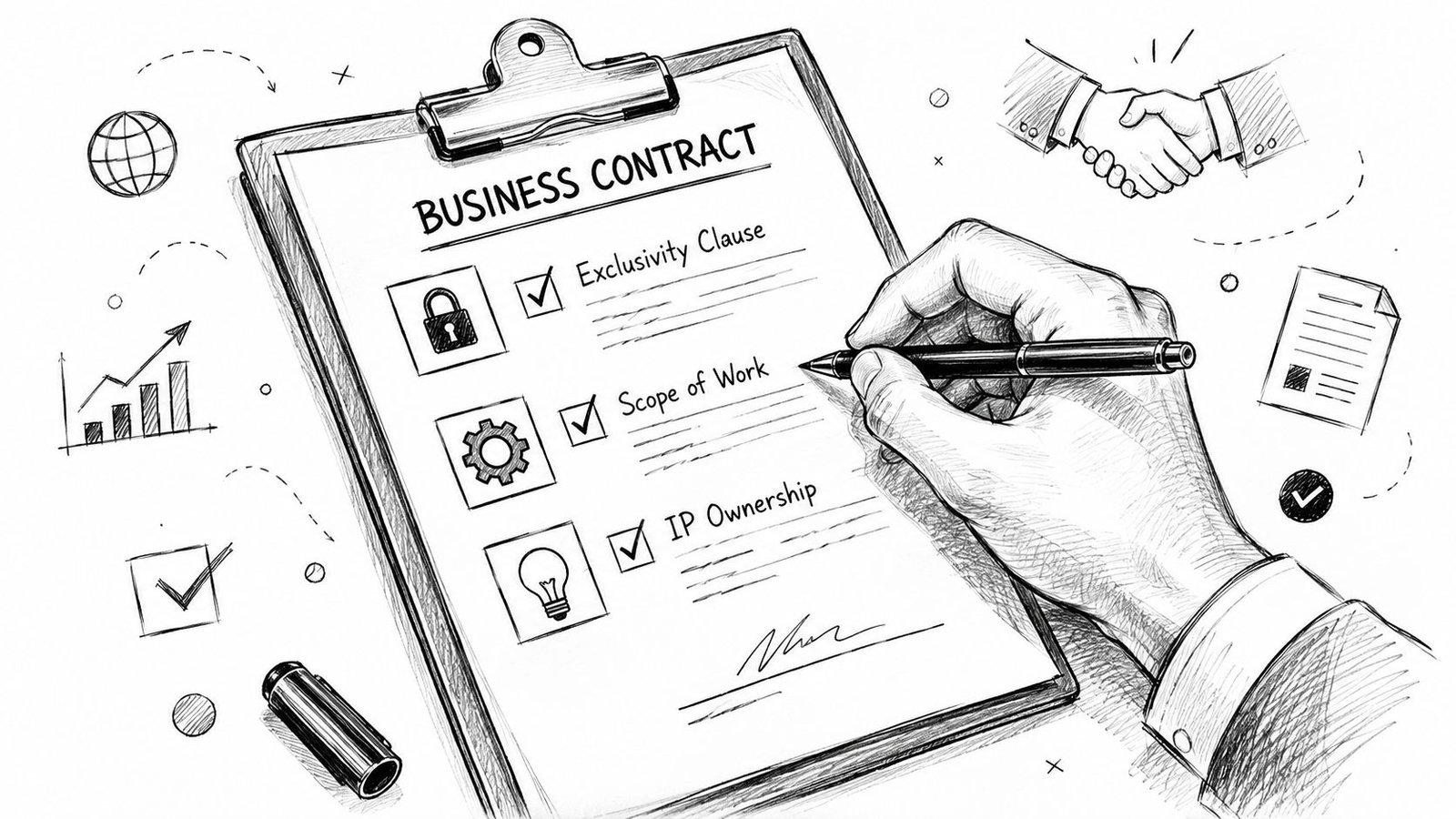 A hand signing a business contract on a clipboard with checkmarks for key terms like IP ownership.