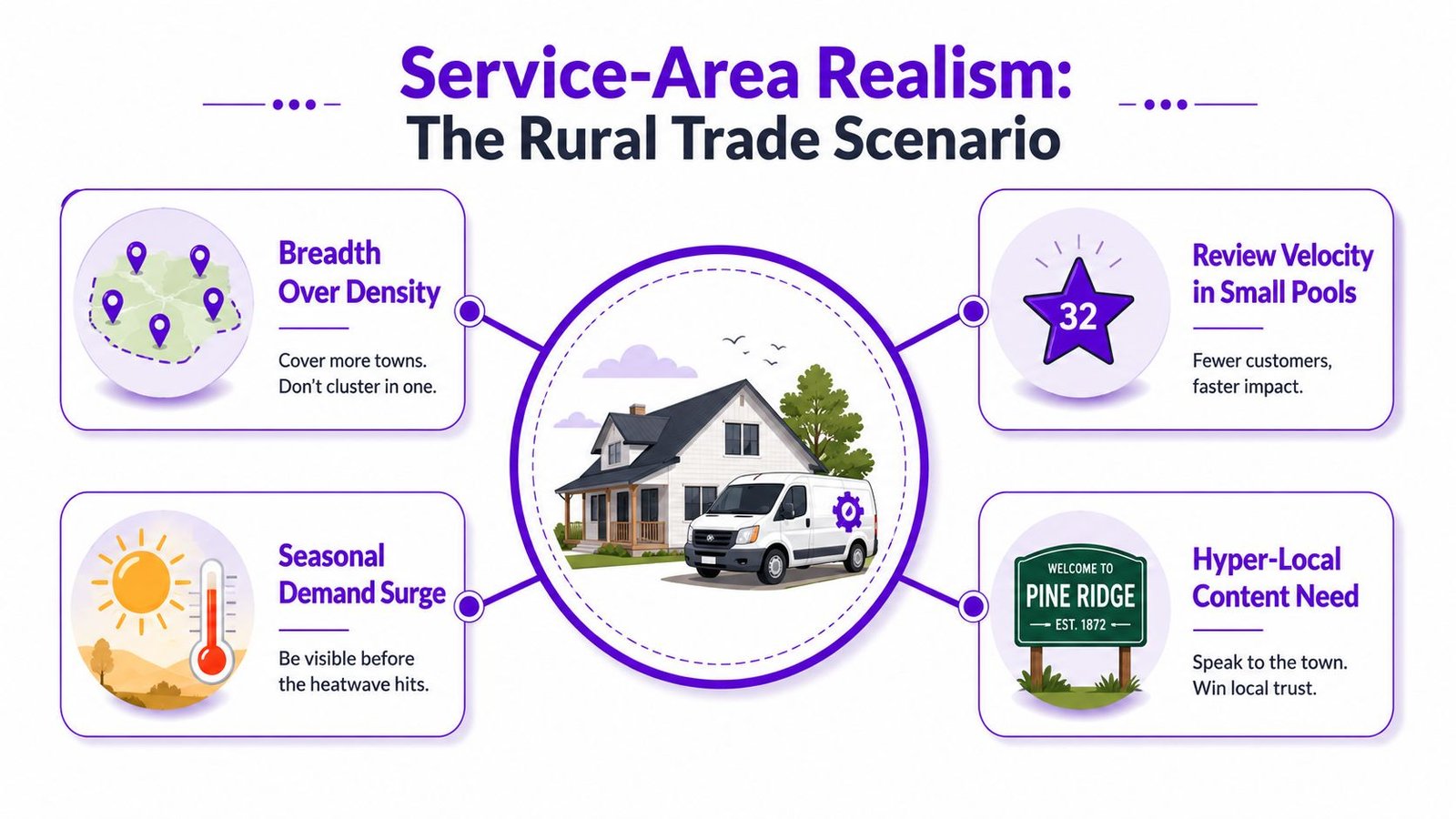 An infographic illustrating rural service-area business strategy with icons for trade areas, review velocity, seasonal surges, and localization.