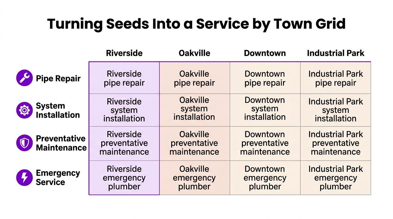 A table showing various plumbing services categorized by location, including repair, installation, maintenance, and emergency services.