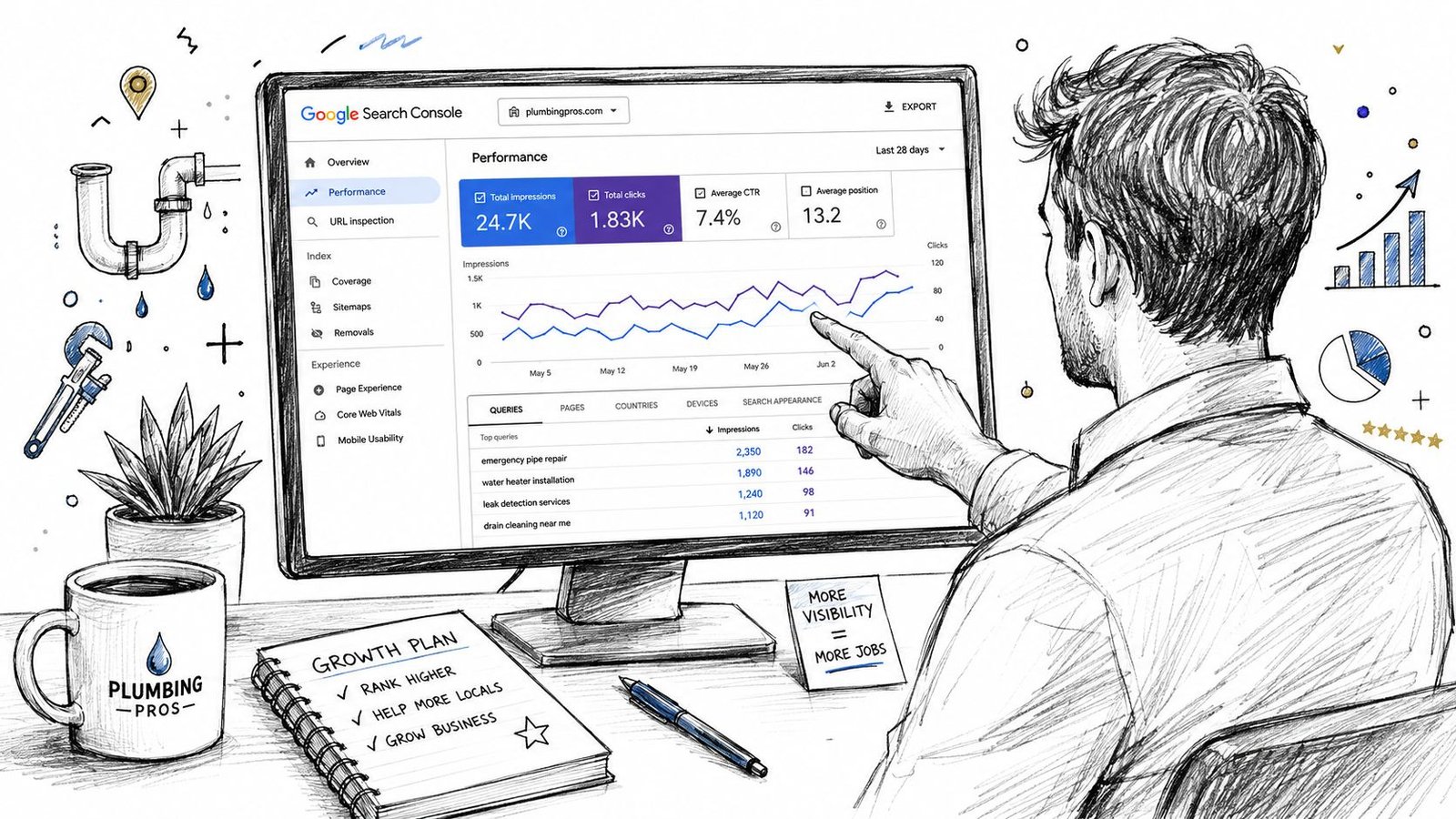 A professional analyzing plumbing website search analytics data on a desktop computer monitor in a sketched illustration.